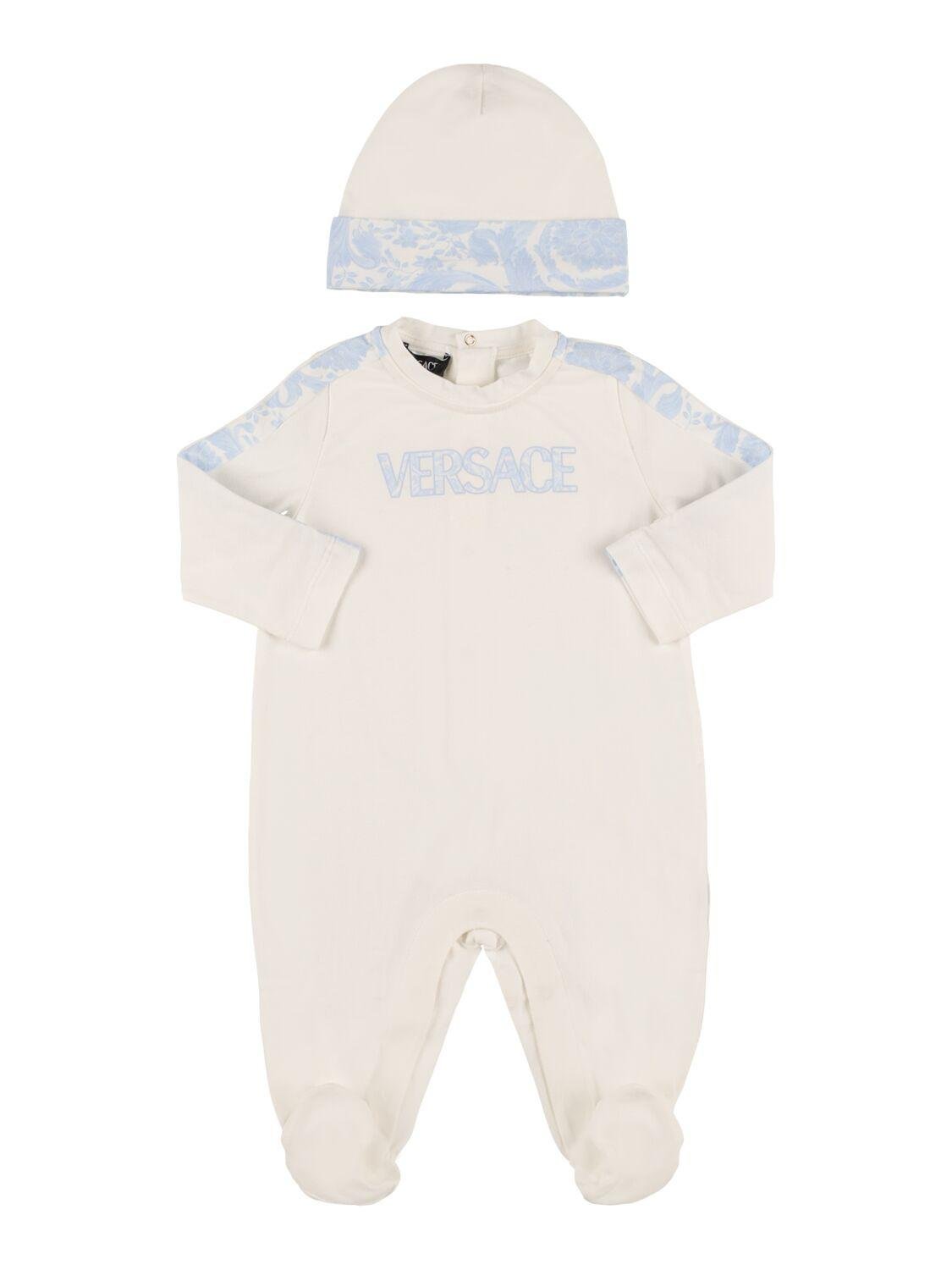 Cotton Jersey Long Sleeve Romper & Hat by VERSACE