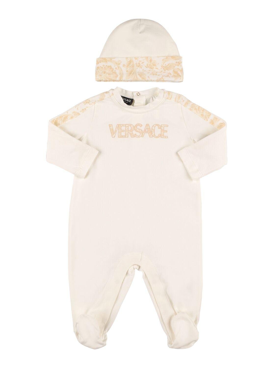 Cotton Jersey Long Sleeve Romper & Hat by VERSACE