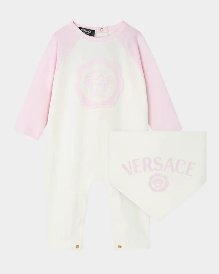 Kid's Logo-Print Jersey Onesie and Bib Set, Size Newborn-6M by VERSACE