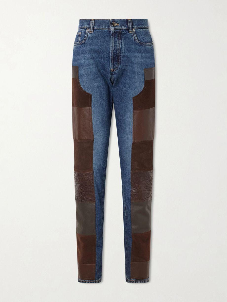 Leather-trimmed mid-waist straight-leg jeans by VERSACE