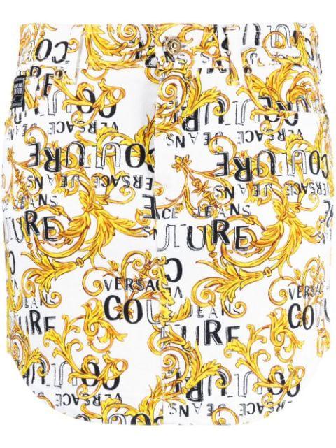 Logo Couture-print denim miniskirt by VERSACE