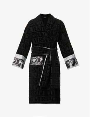 Logo and baroque-print cotton-towelling robe by VERSACE