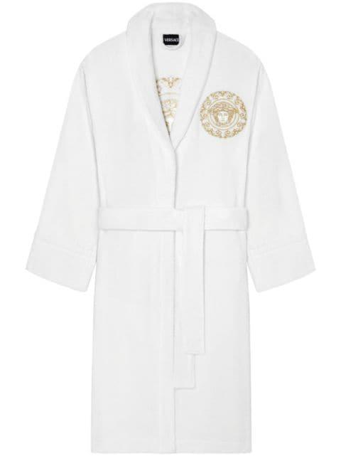 Medusa-embroidered belted bath robe by VERSACE
