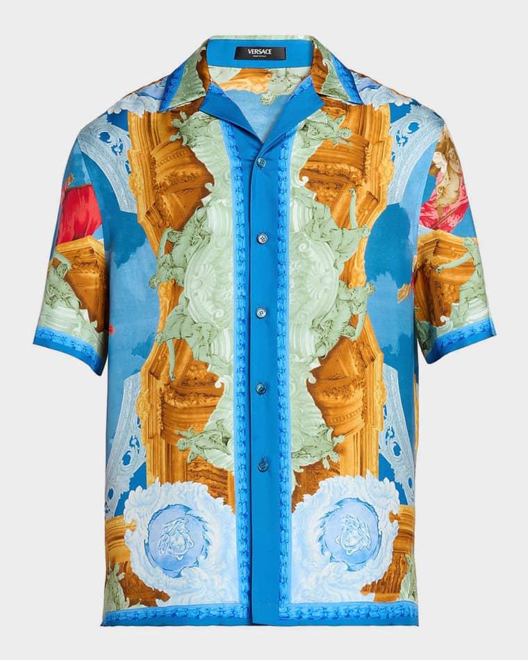 Men's Architectural Baroque Silk Short-Sleeve Shirt by VERSACE