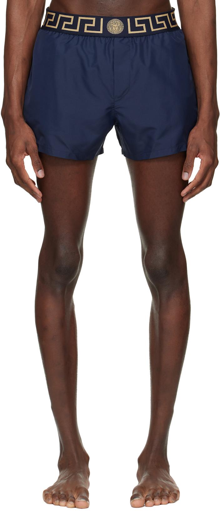 Navy Greca Swim Shorts by VERSACE