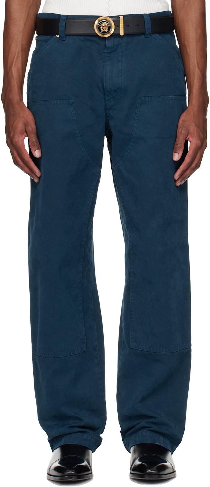 Navy Overdyed Canvas Carpenter Trousers by VERSACE