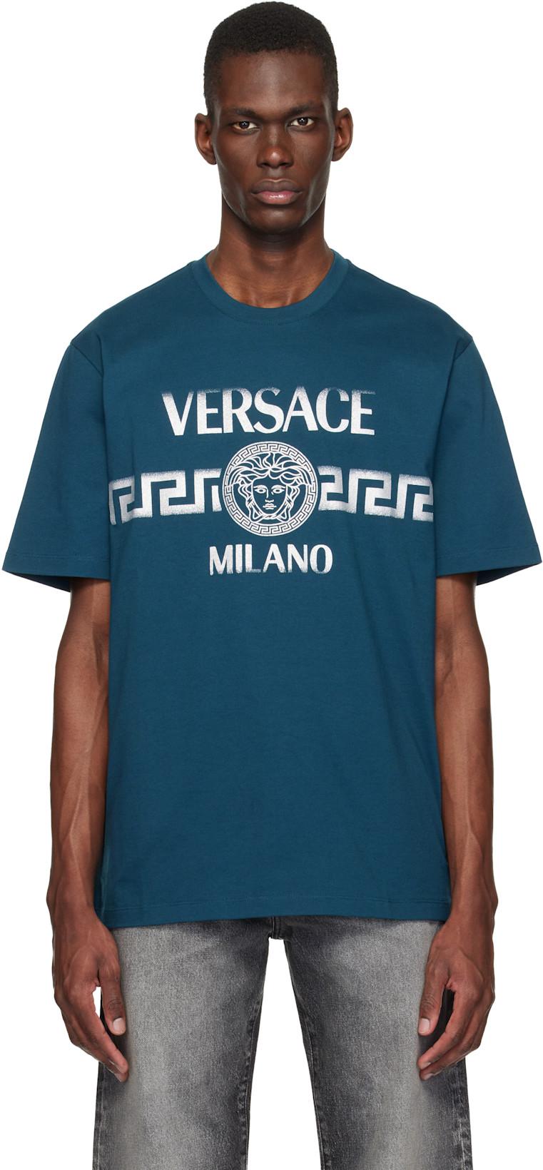 Navy Printed Cotton-Jersey Regular T-shirt by VERSACE