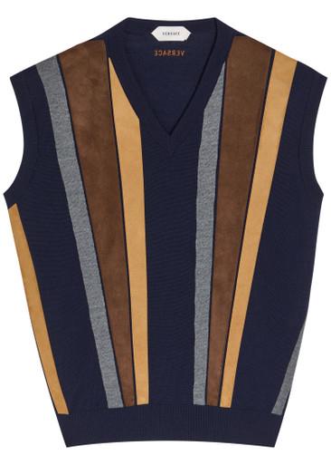 Patchwork fine-knit wool and suede vest by VERSACE