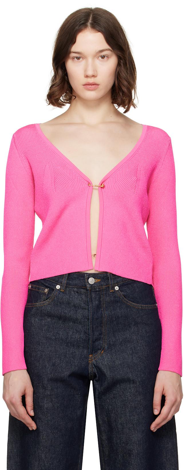 Pink Safety Pin Ribbed Knit Fitted Cardigan by VERSACE