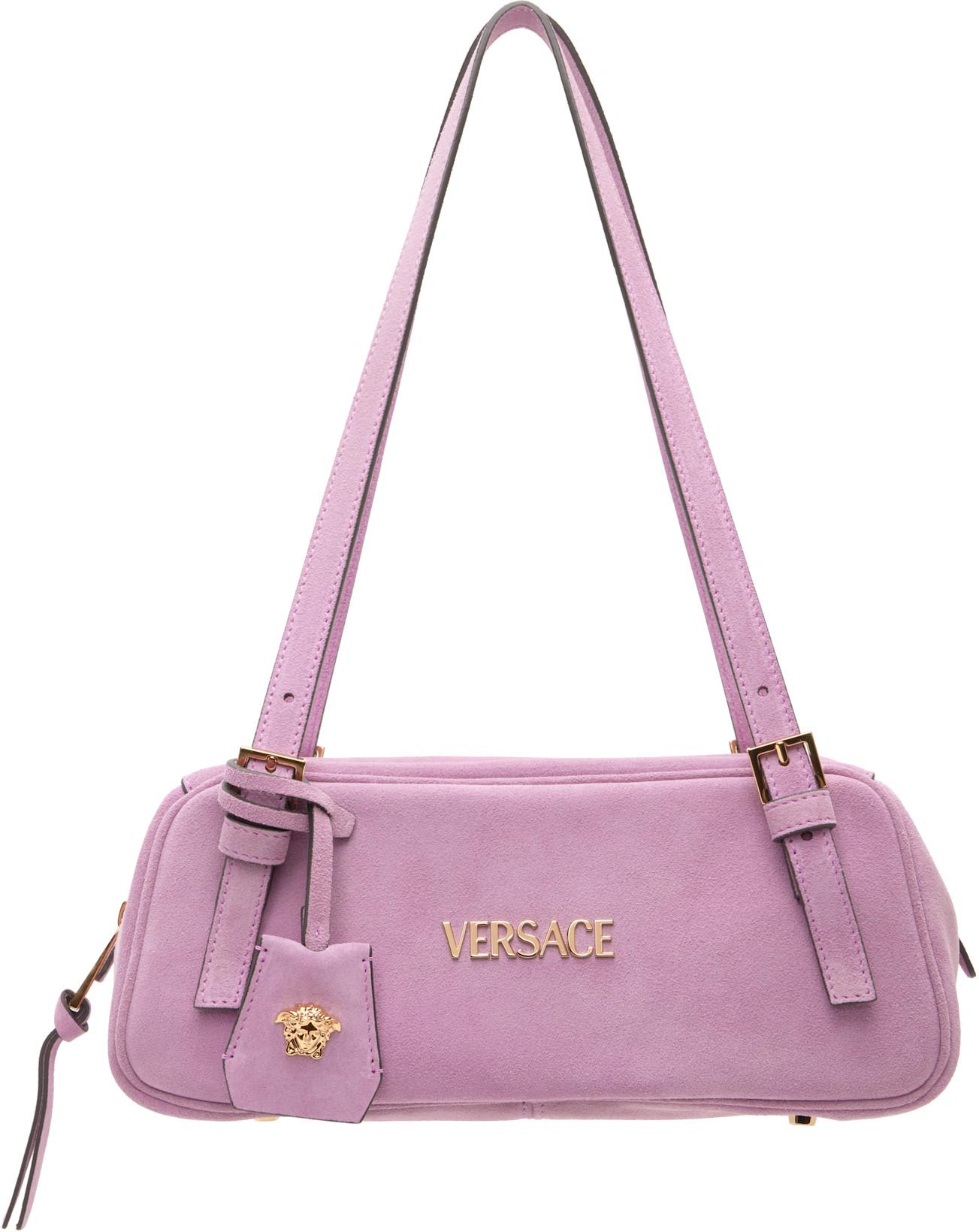 Pink 'Versace Tag' Suede Bowling Bag by VERSACE Pink 'Versace Tag' Suede Bowling Bag by VERSACE