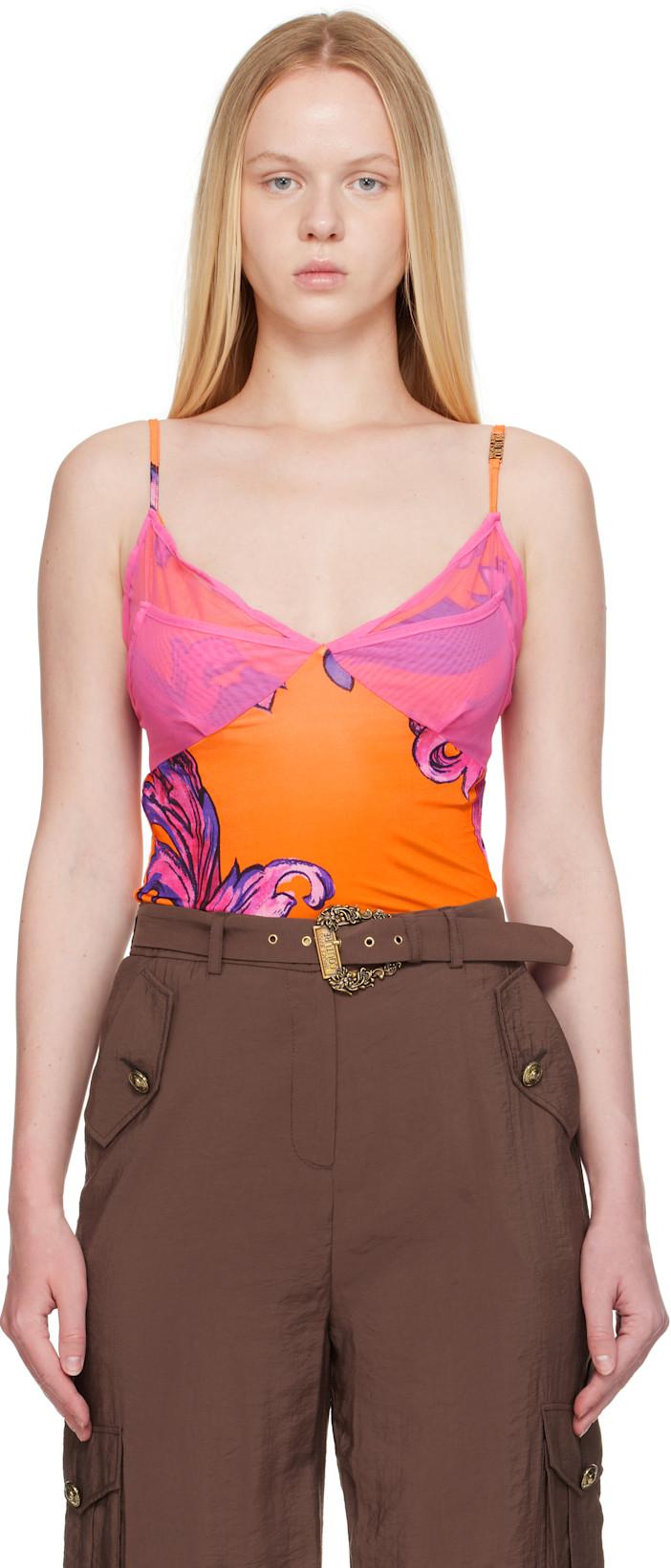 Pink & Orange Outline Barocco Mesh Top by VERSACE