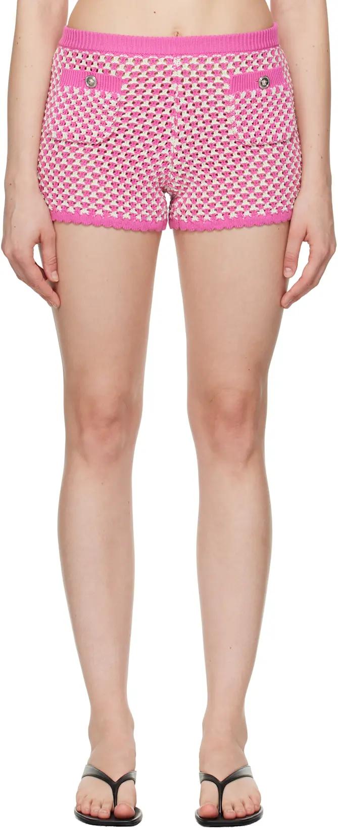 Pink & White Crochet Knit Shorts by VERSACE