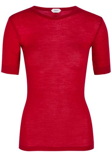 Ribbed logo-embroidered wool T-shirt by VERSACE