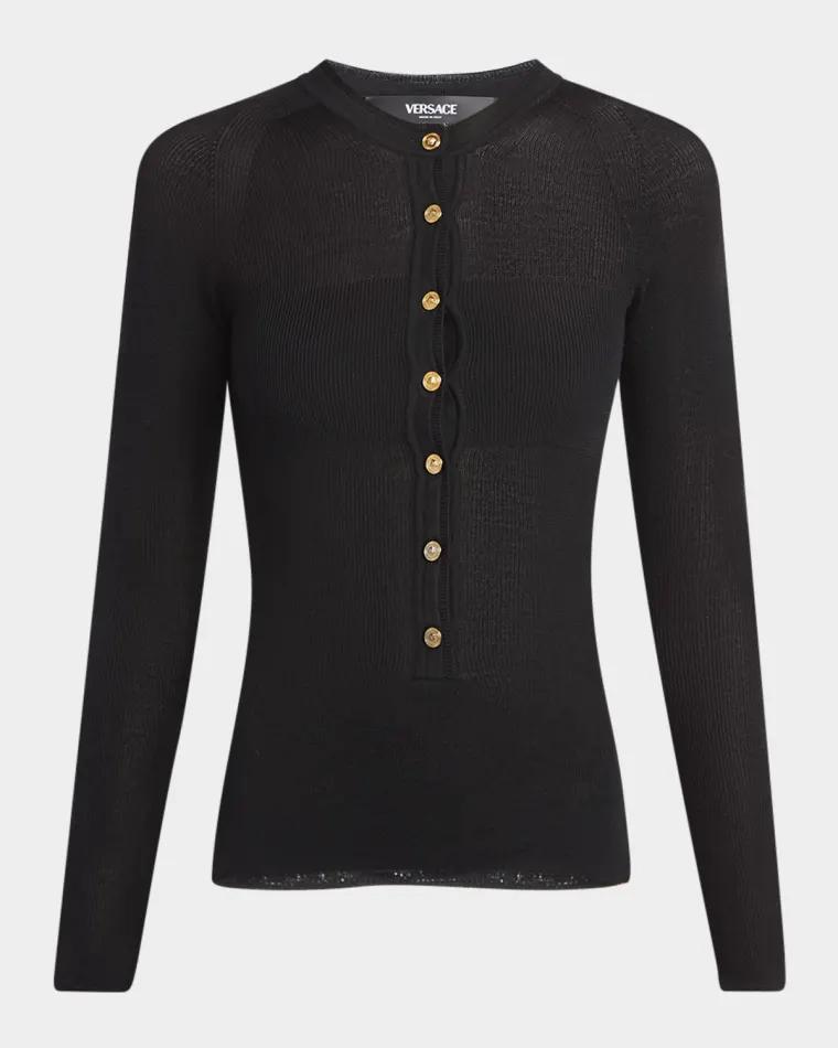 Seamless Rib Long-Sleeve Henley Sweater by VERSACE