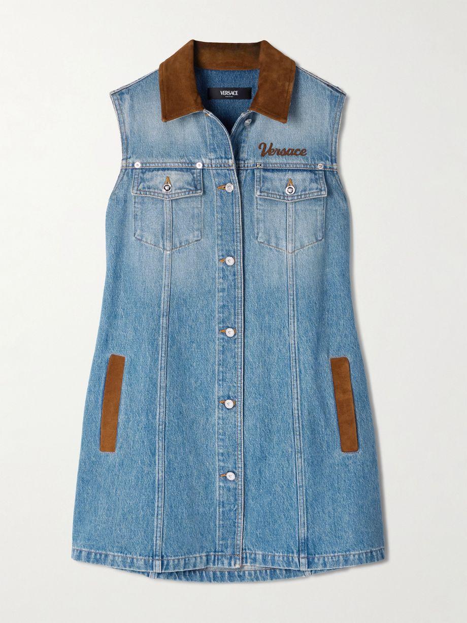 Suede-trimmed denim mini dress by VERSACE