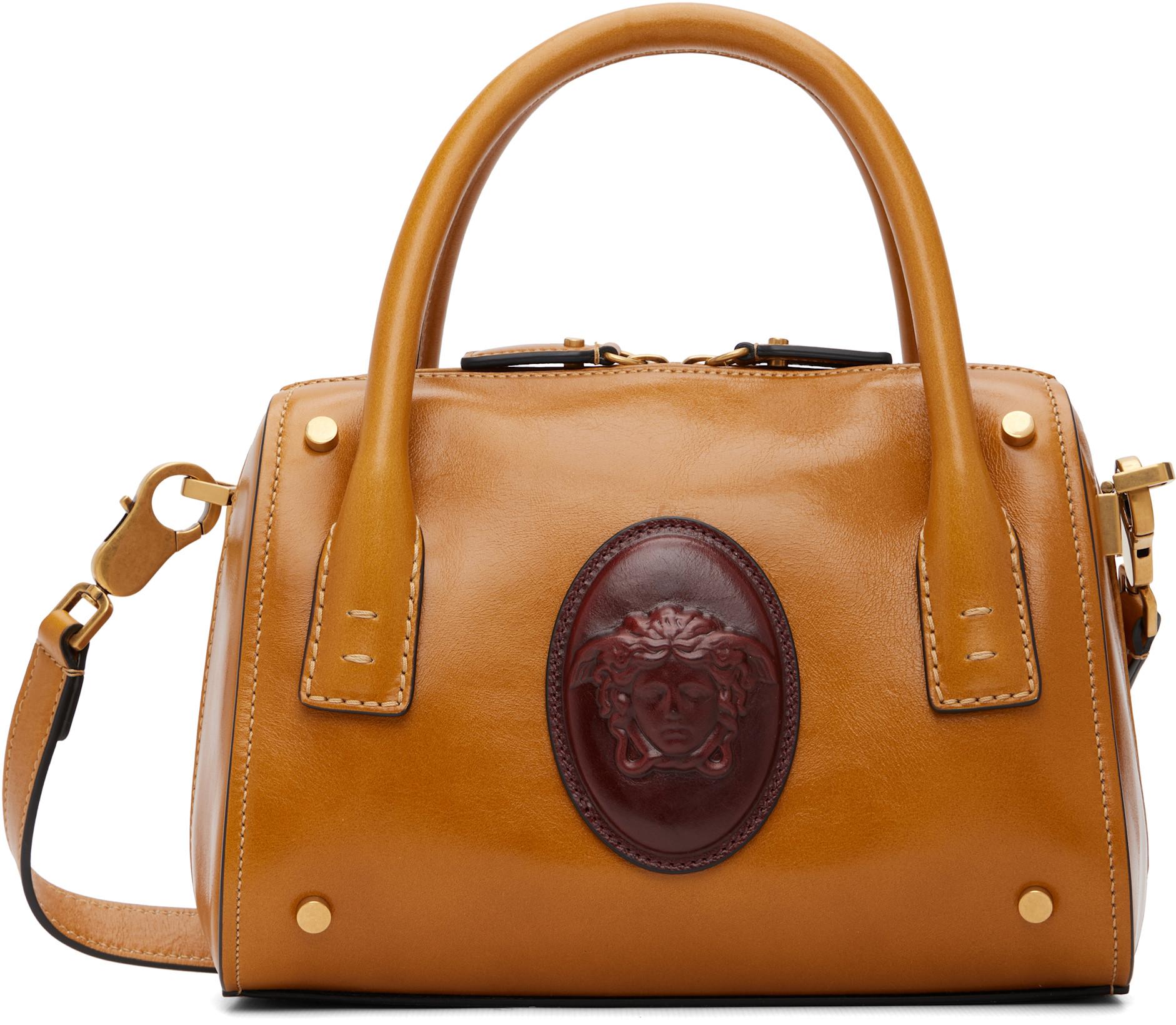 Tan Roomy Small Leather Boston Bag by VERSACE