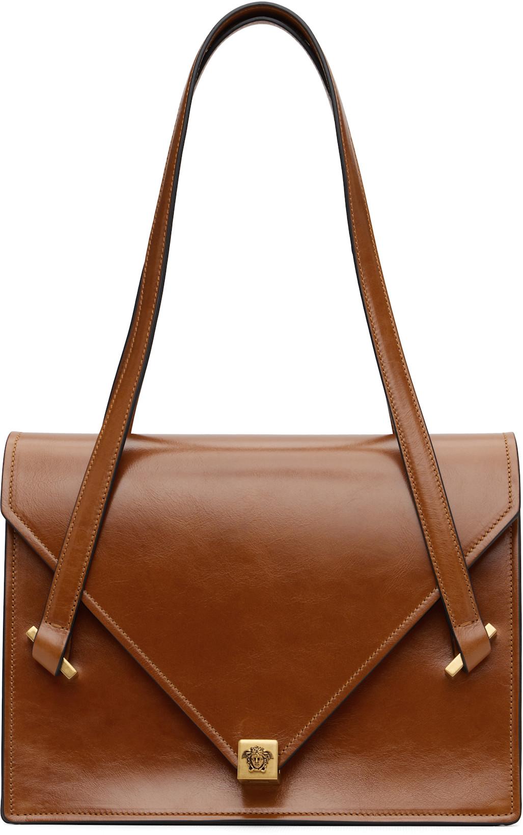 Tan Severine Leather Shoulder Bag by VERSACE