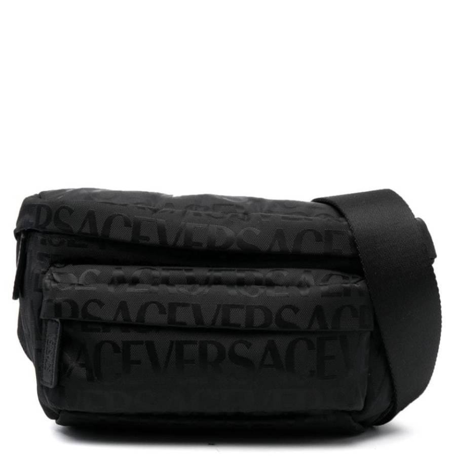 Versace Black Allover Logo Print Neo Nylon Belt Bag by VERSACE
