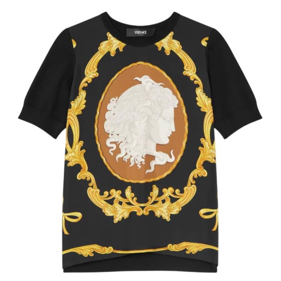 Versace Cameo Silk-Foulard Wool Knit Top by VERSACE