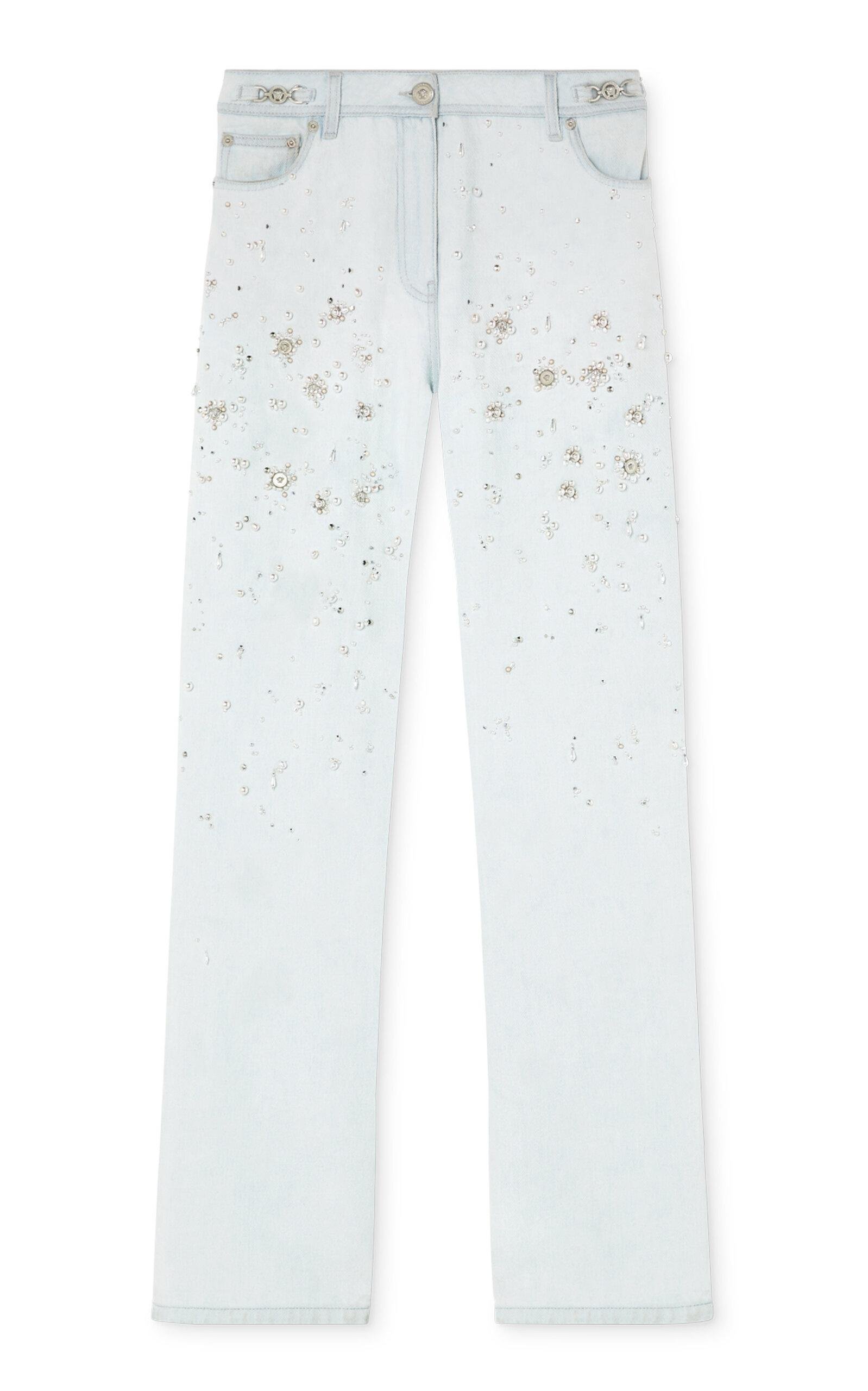 Versace - Embellished Rigid Low-Rise Boyfriend Jeans - Light Wash - 25 - Moda Operandi by VERSACE