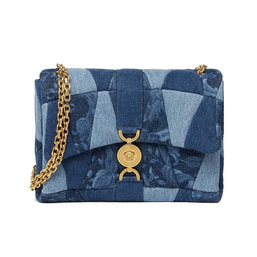 Versace Kleio Quilted Denim Shoulder Bag - Blue by VERSACE
