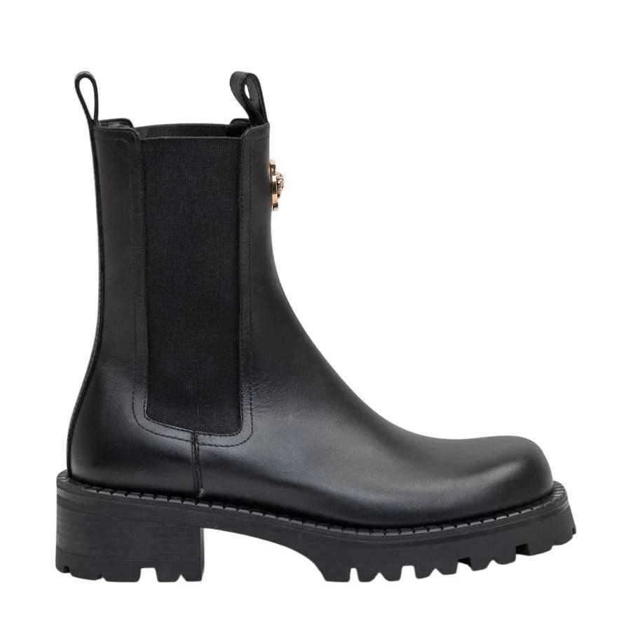 Versace La Medusa Embossed Logo Black Leather Boots by VERSACE