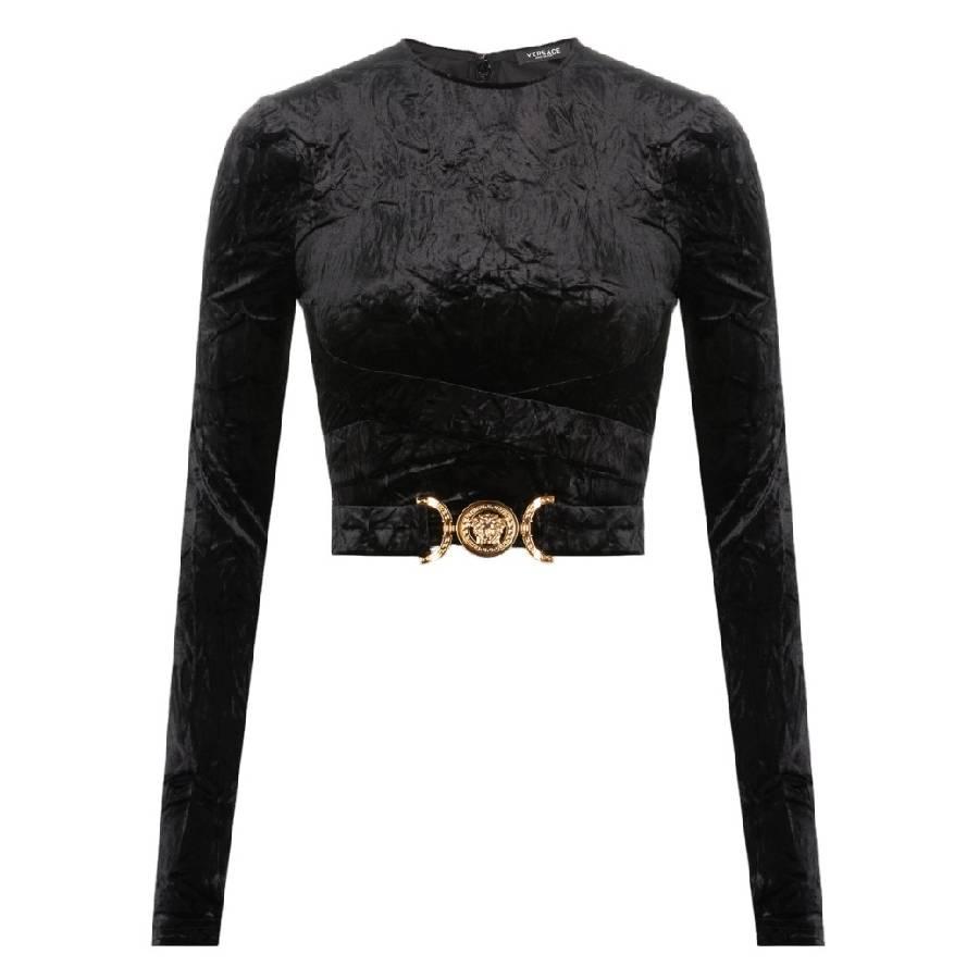 Versace Velvet Logo Plaque Crop Top by VERSACE