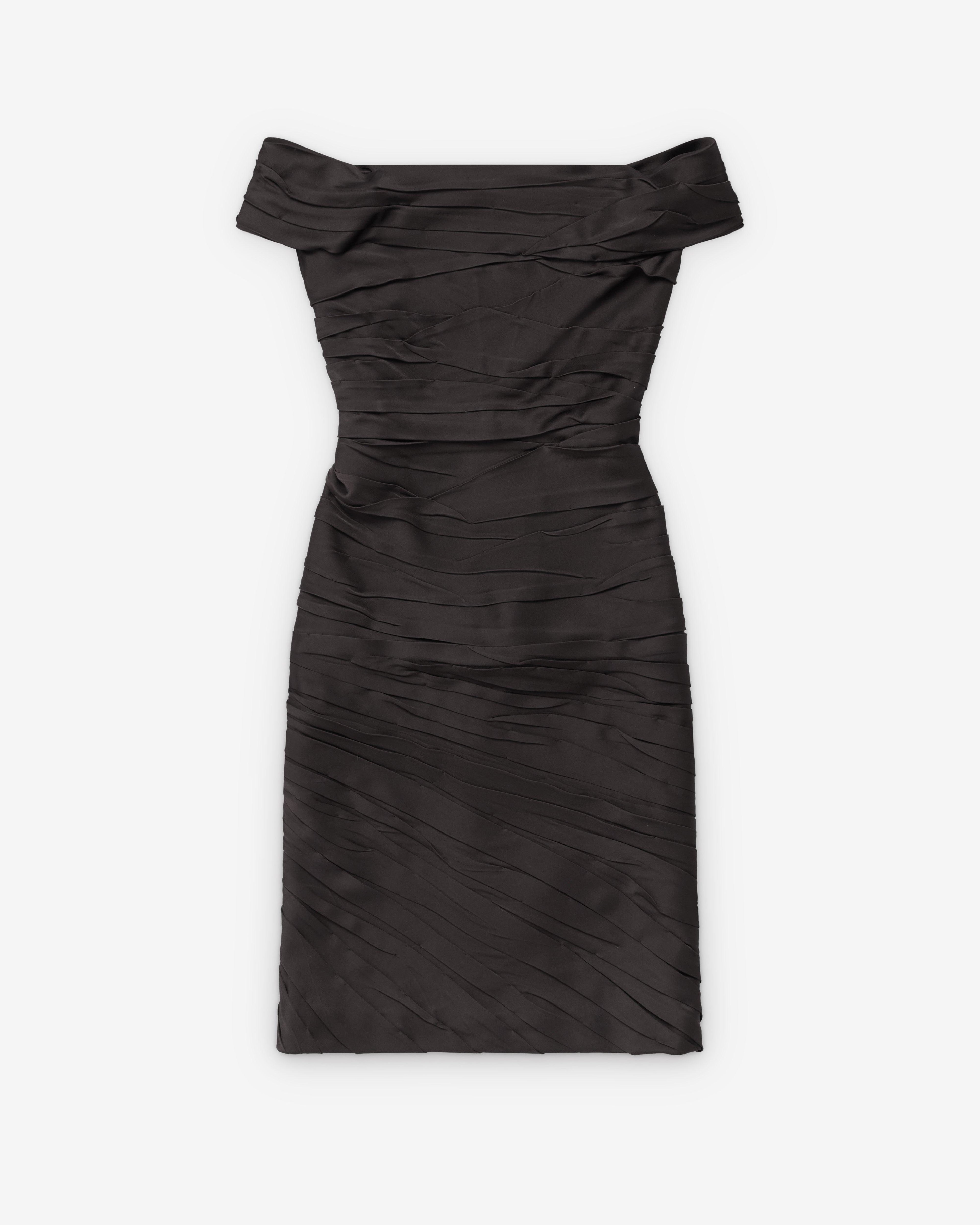Versace  - Women's Draped Envers-Satin Off-Shoulder Midi Dress - (Dark Chocolate) by VERSACE