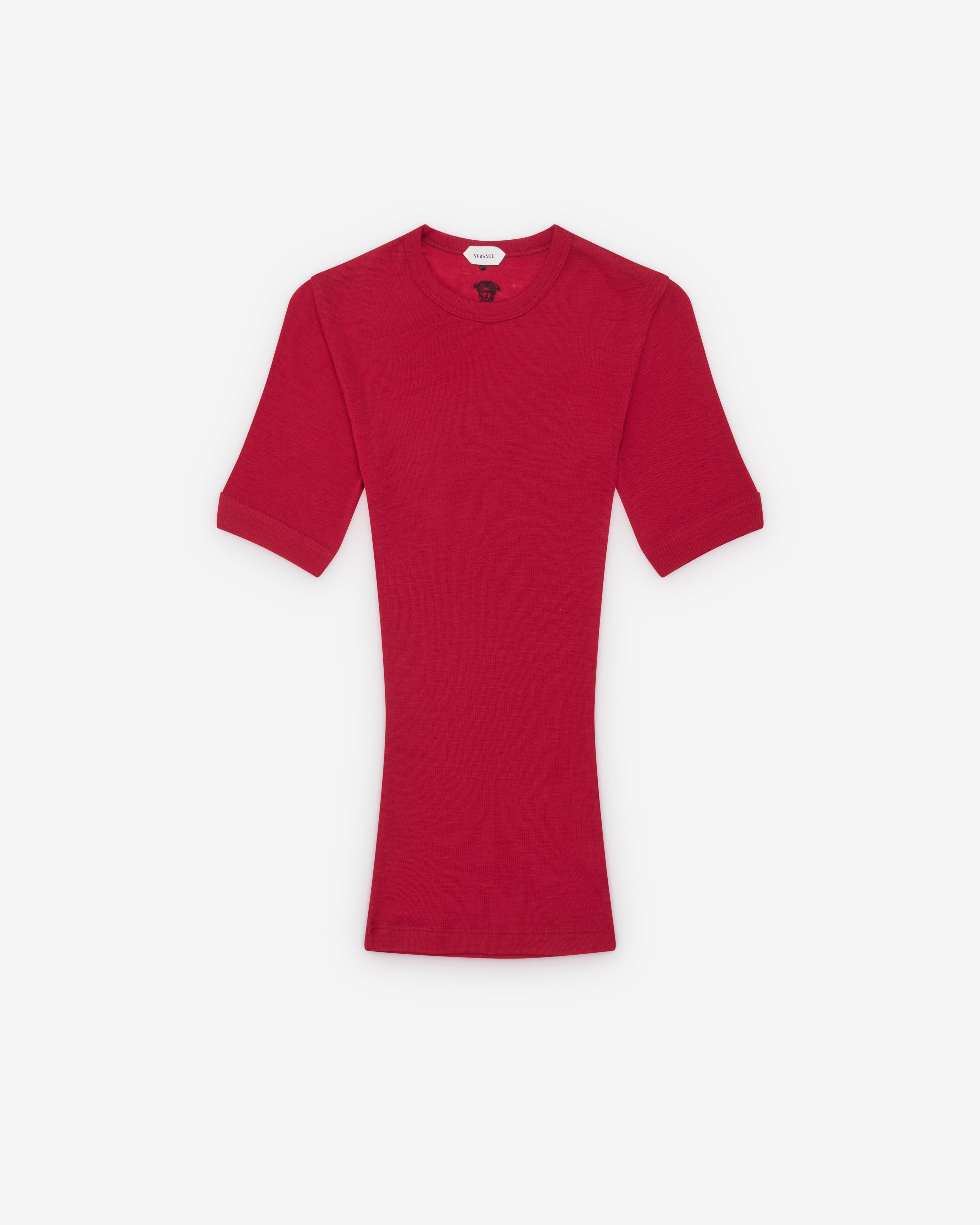 Versace  - Women's Embroidered Wool Ribbed Knit T-Shirt - (Lipstick) by VERSACE