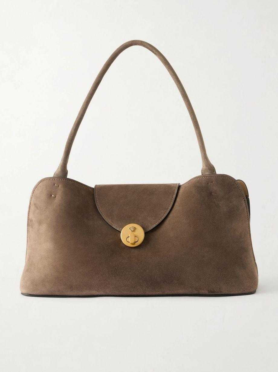Vivienne logo-embellished suede shoulder bag by VERSACE