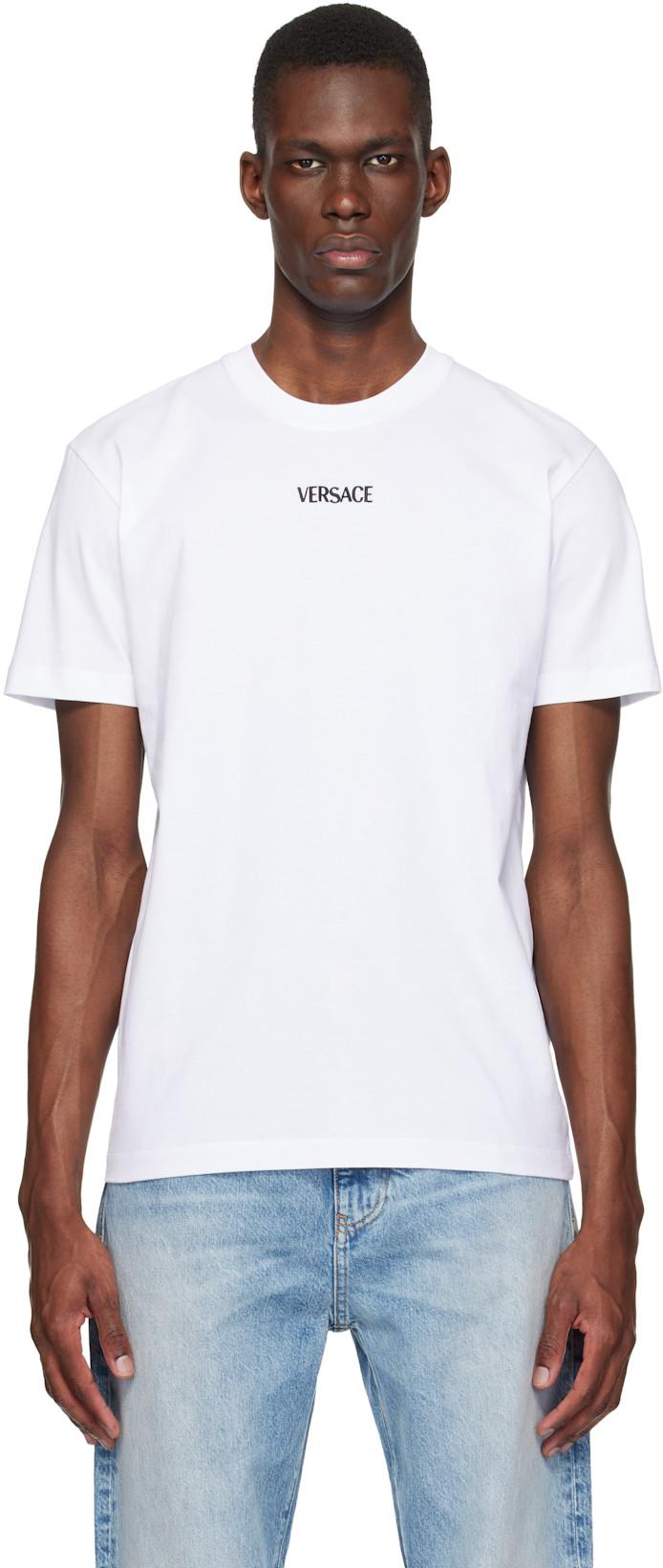 White Embroidered Cotton-Jersey Slim T-shirt by VERSACE