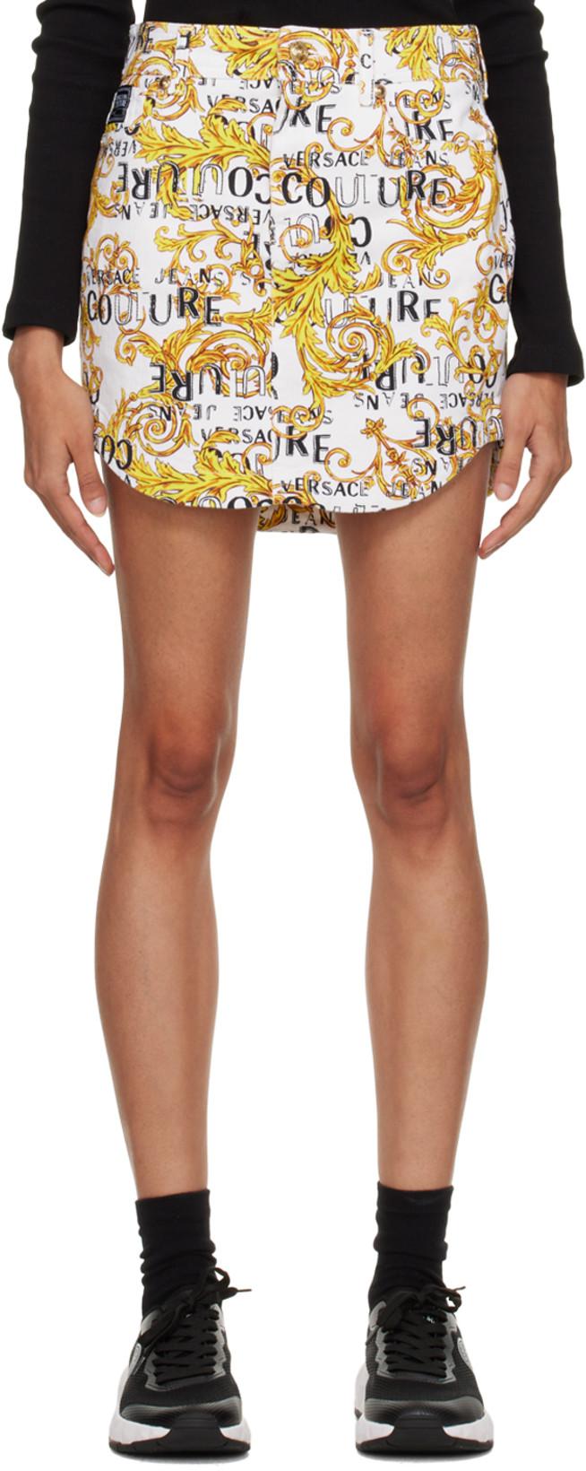 White Printed Denim Miniskirt by VERSACE