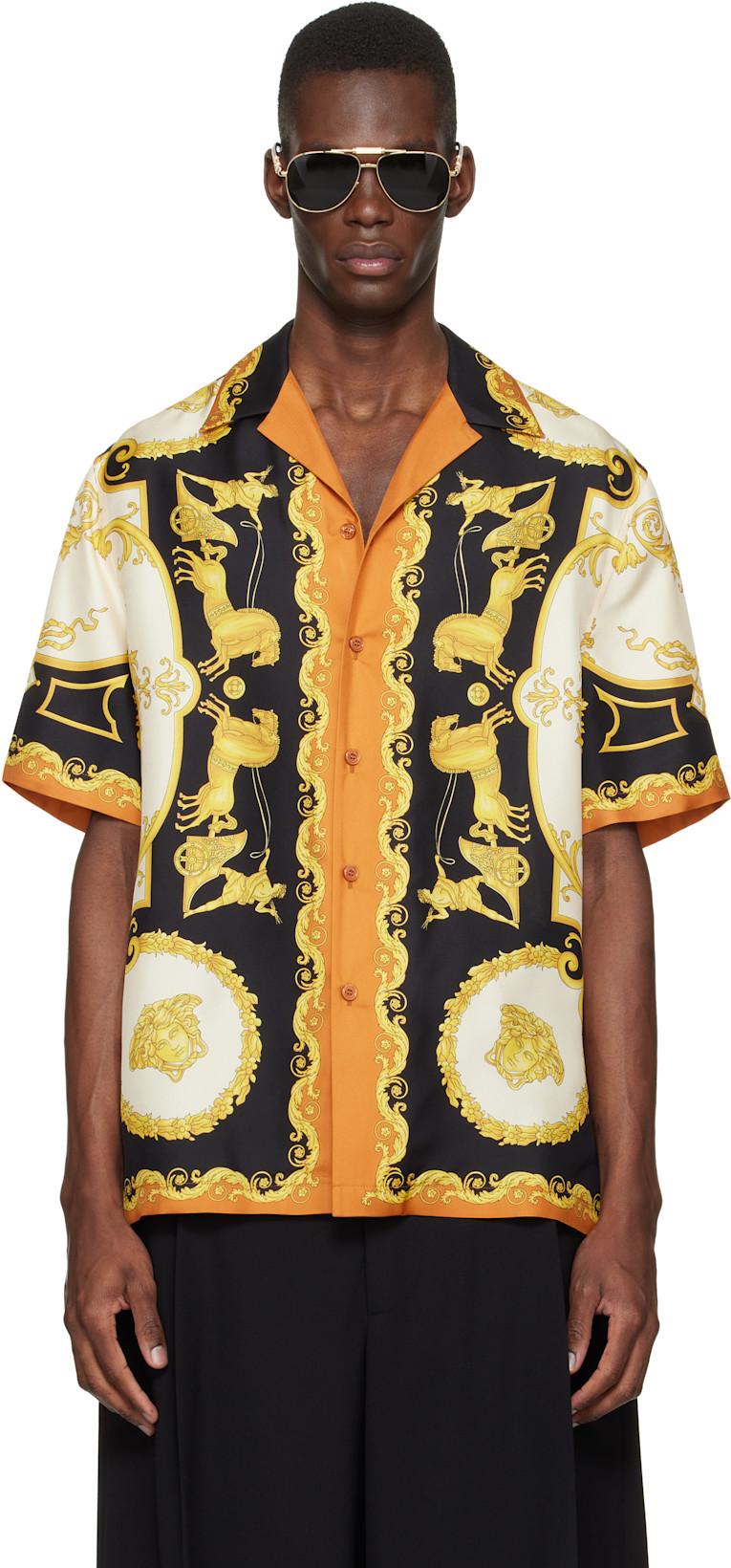 Yellow & Black Printed Silk Twill Regular Shirt by VERSACE
