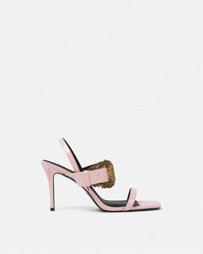 baroque buckle patent emily sandals by VERSACE