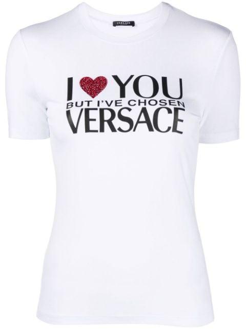 crystal-embellished slogan T-shirt by VERSACE