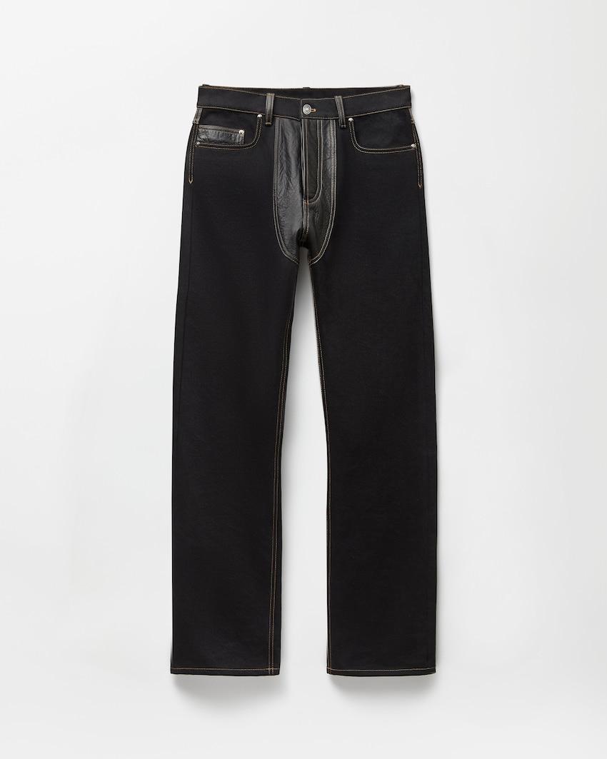 denim and leather straight jeans by VERSACE