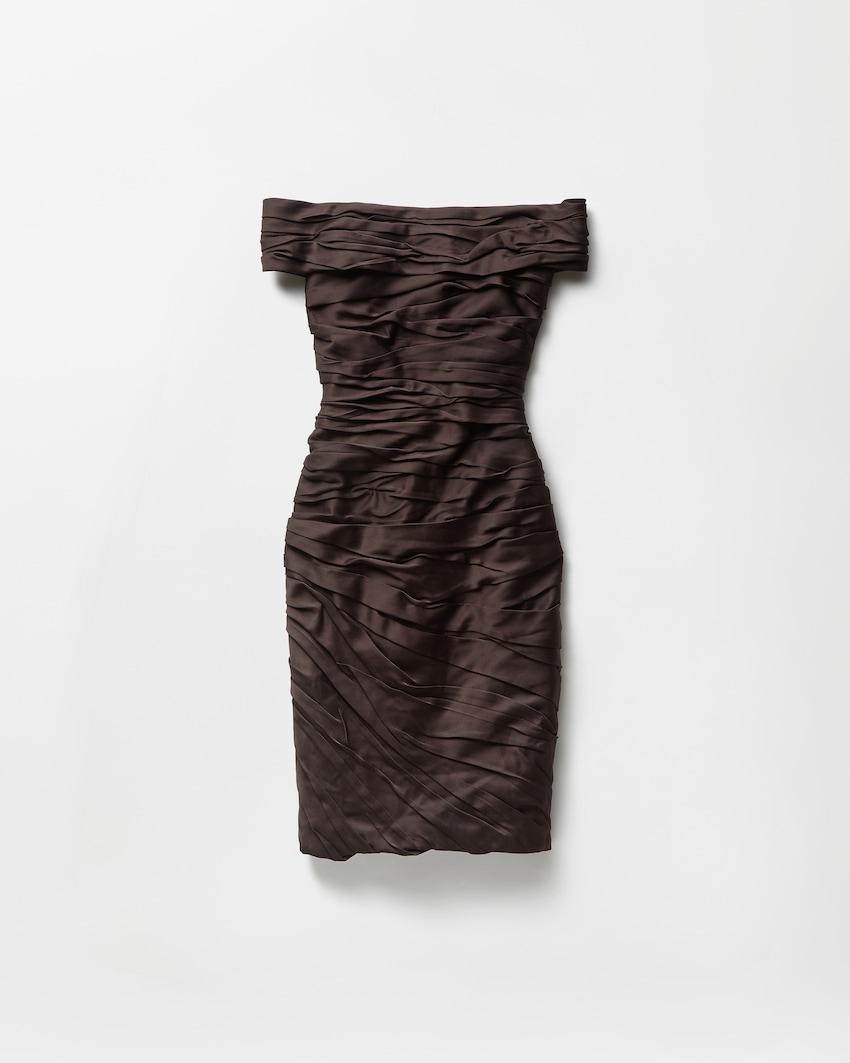 draped envers-satin off-shoulder midi dress by VERSACE