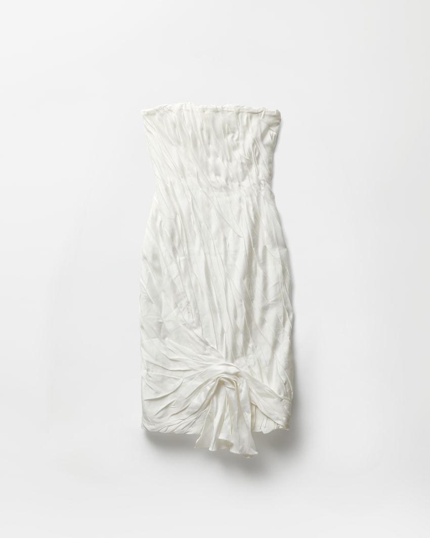 draped envers-satin strapless midi dress by VERSACE