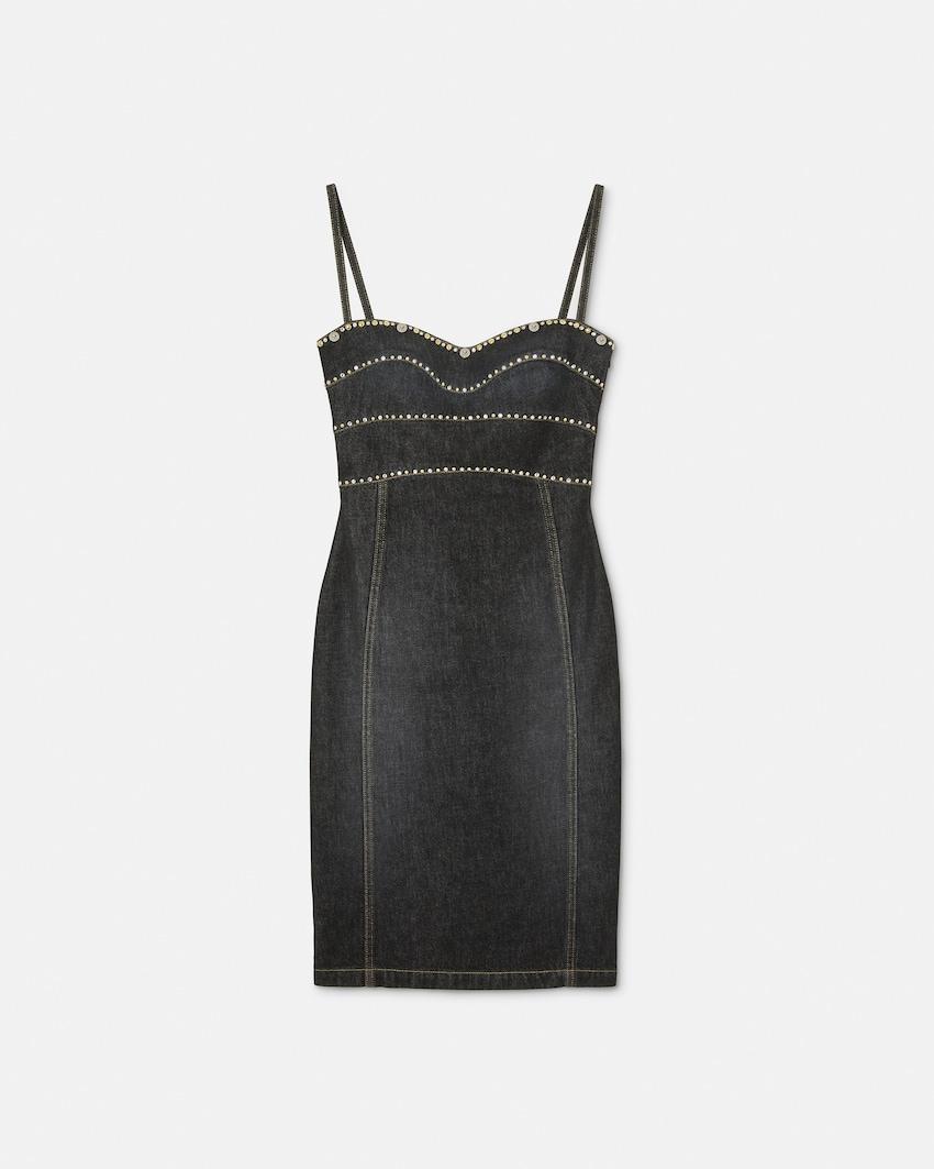 embellished denim fitted midi dress by VERSACE