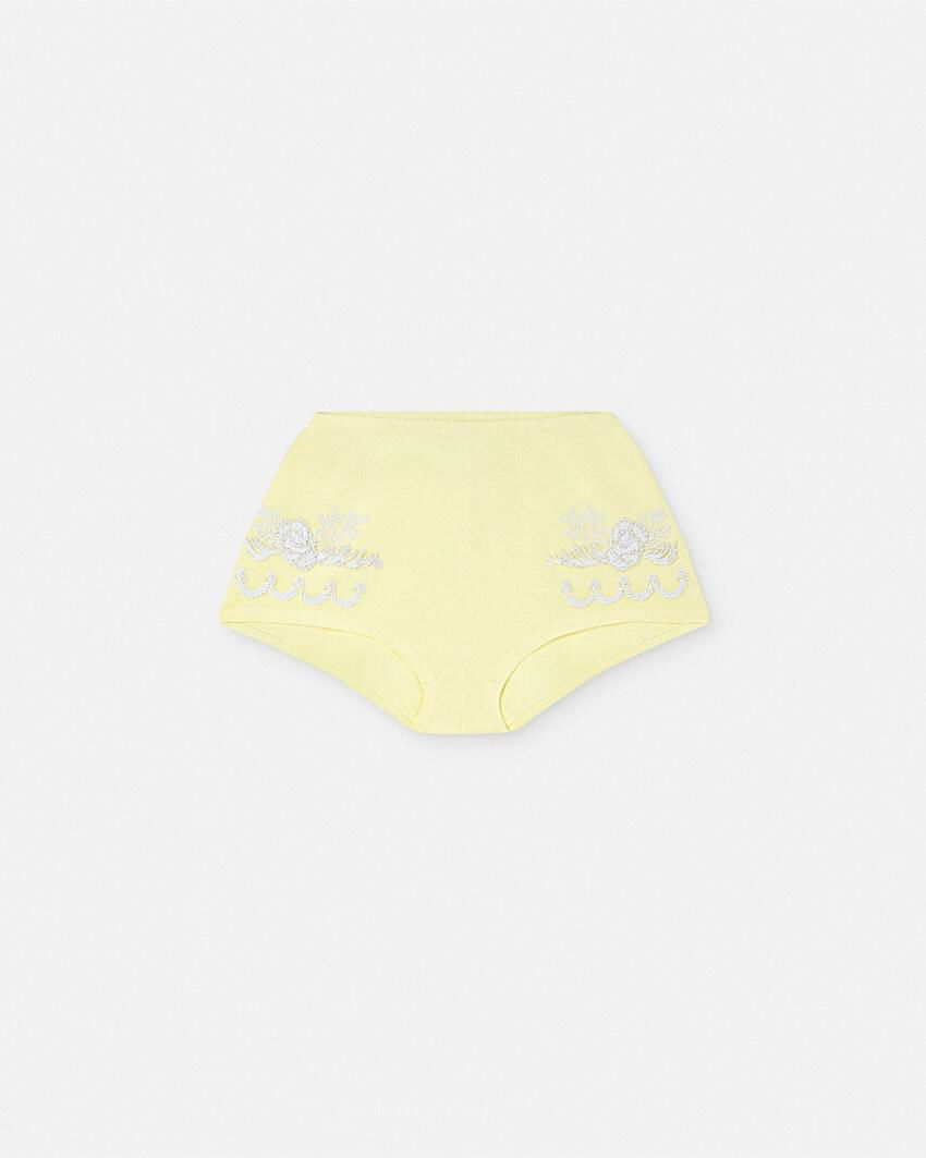 embroidered cashmere knit shorts by VERSACE