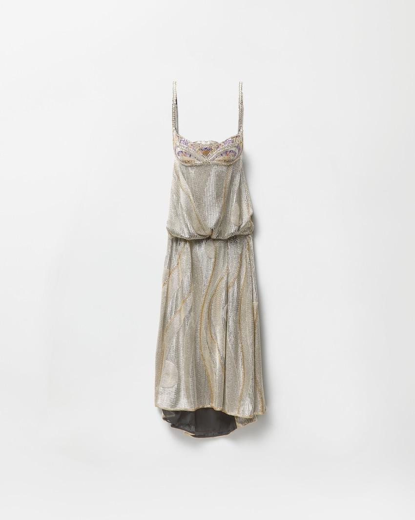 embroidered crepe de chine midi dress by VERSACE