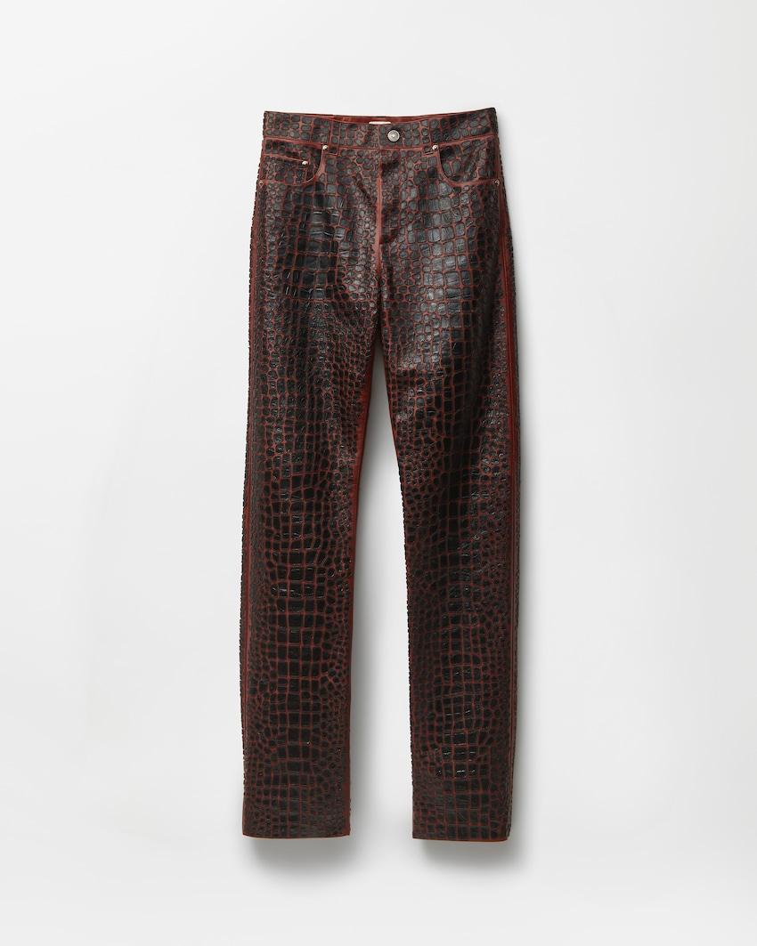 embroidered croc-effect leather pants by VERSACE