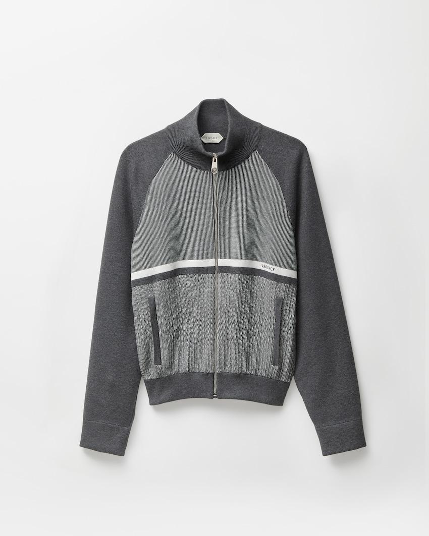 embroidered jacquard cotton knit zip sweater by VERSACE
