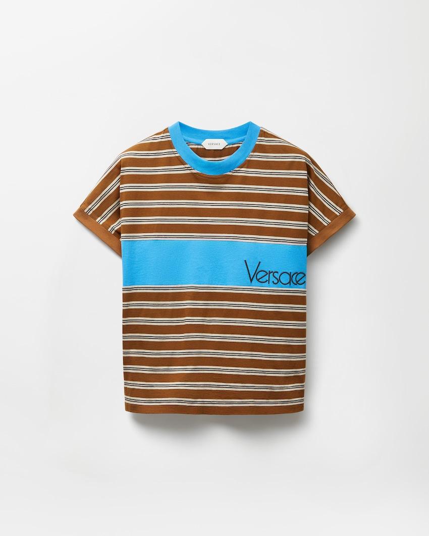 embroidered-logo striped-intarsia cotton t-shirt by VERSACE