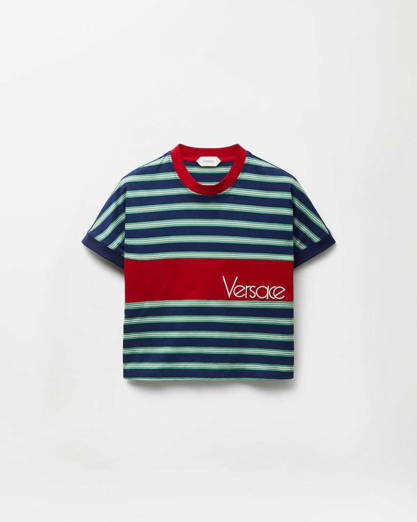 embroidered-logo striped-intarsia cotton t-shirt by VERSACE
