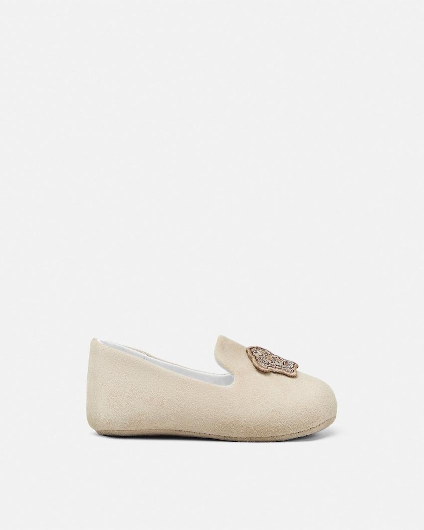 embroidered medusa suede baby loafers by VERSACE