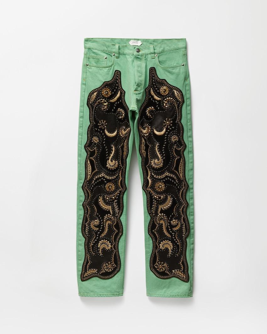 embroidered straight jeans by VERSACE