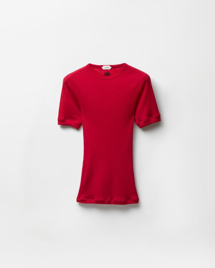 embroidered wool ribbed knit t-shirt by VERSACE
