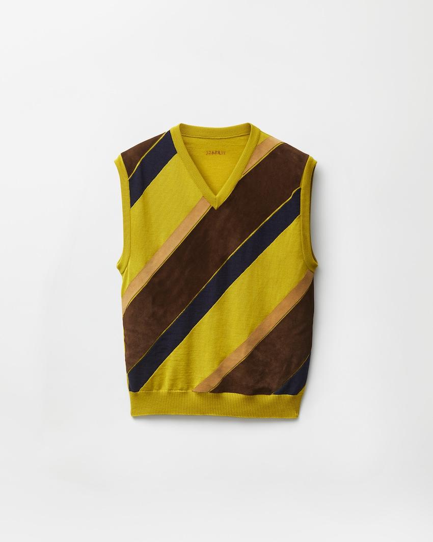 intarsia-wool and leather patchwork vest by VERSACE