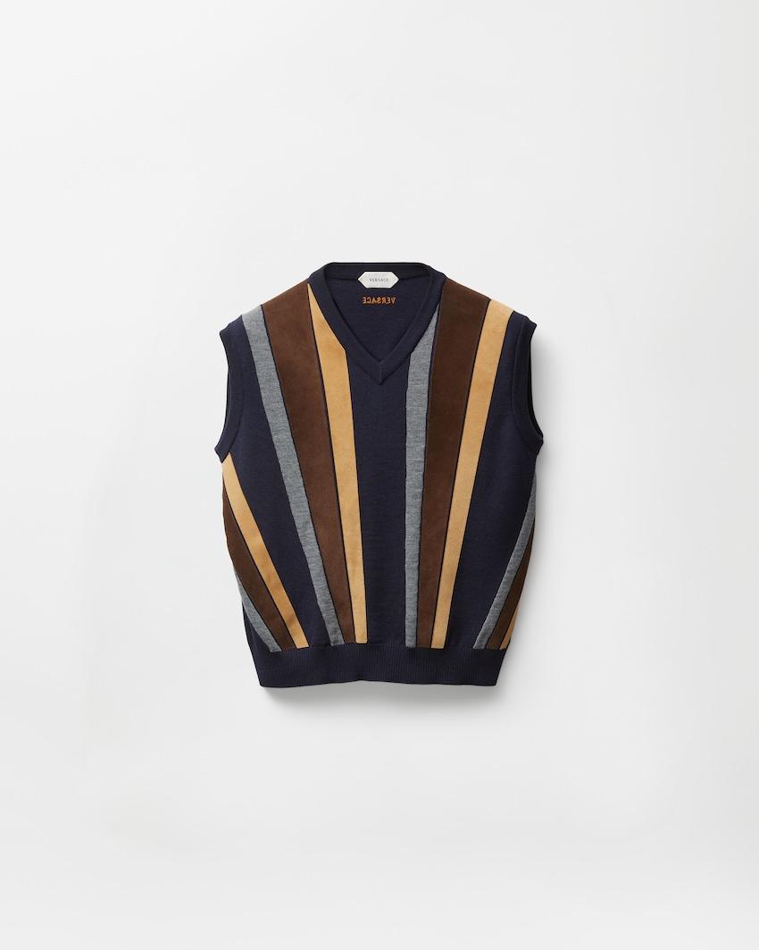 intarsia-wool and leather patchwork vest by VERSACE